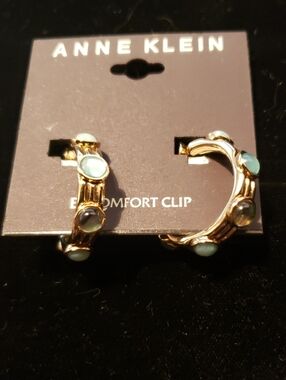 Anne Klein Gold-Tone Hoop Clip Earrings with Mint Blue Cabochons